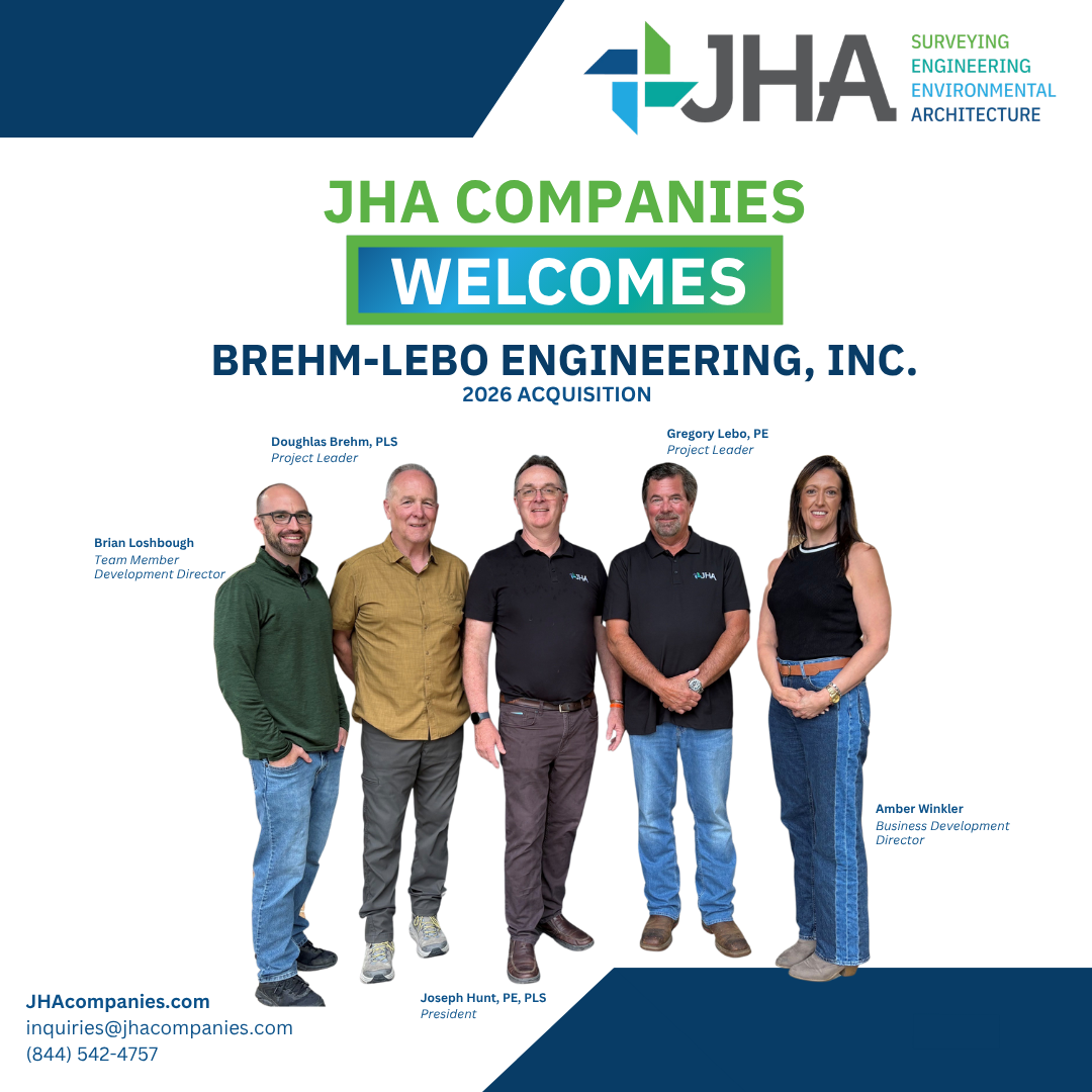 JHA Companies welcomes Brehm-Lebo Engineering, Inc. 2026 acquisition, with Brian Loshbough, Douglas Brehm, Joseph Hunt, Gregory Lebo and Amber Winkler.