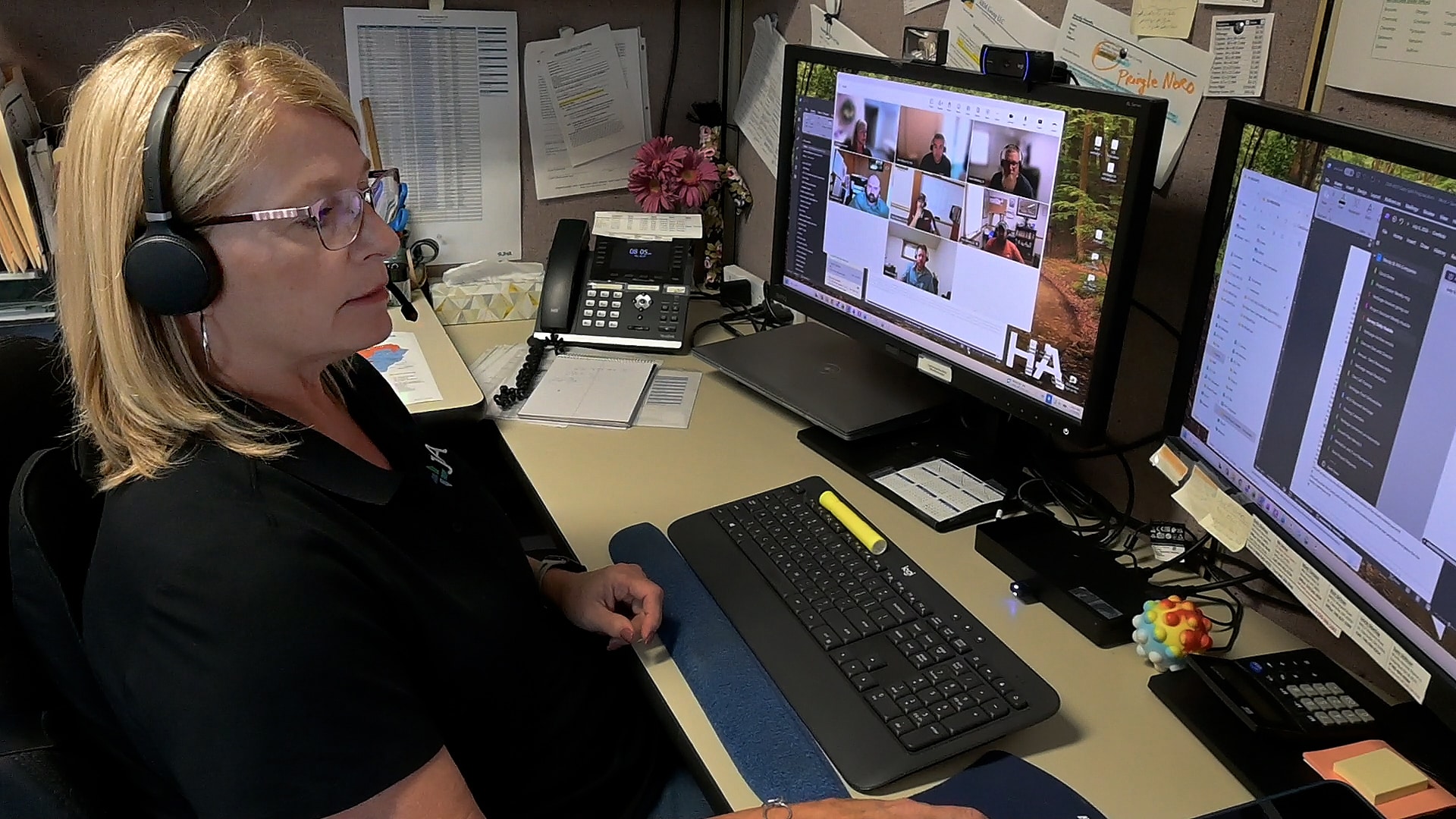 JHA Project Assistant Wendy Howells working at her desk during a video call with the survey team.